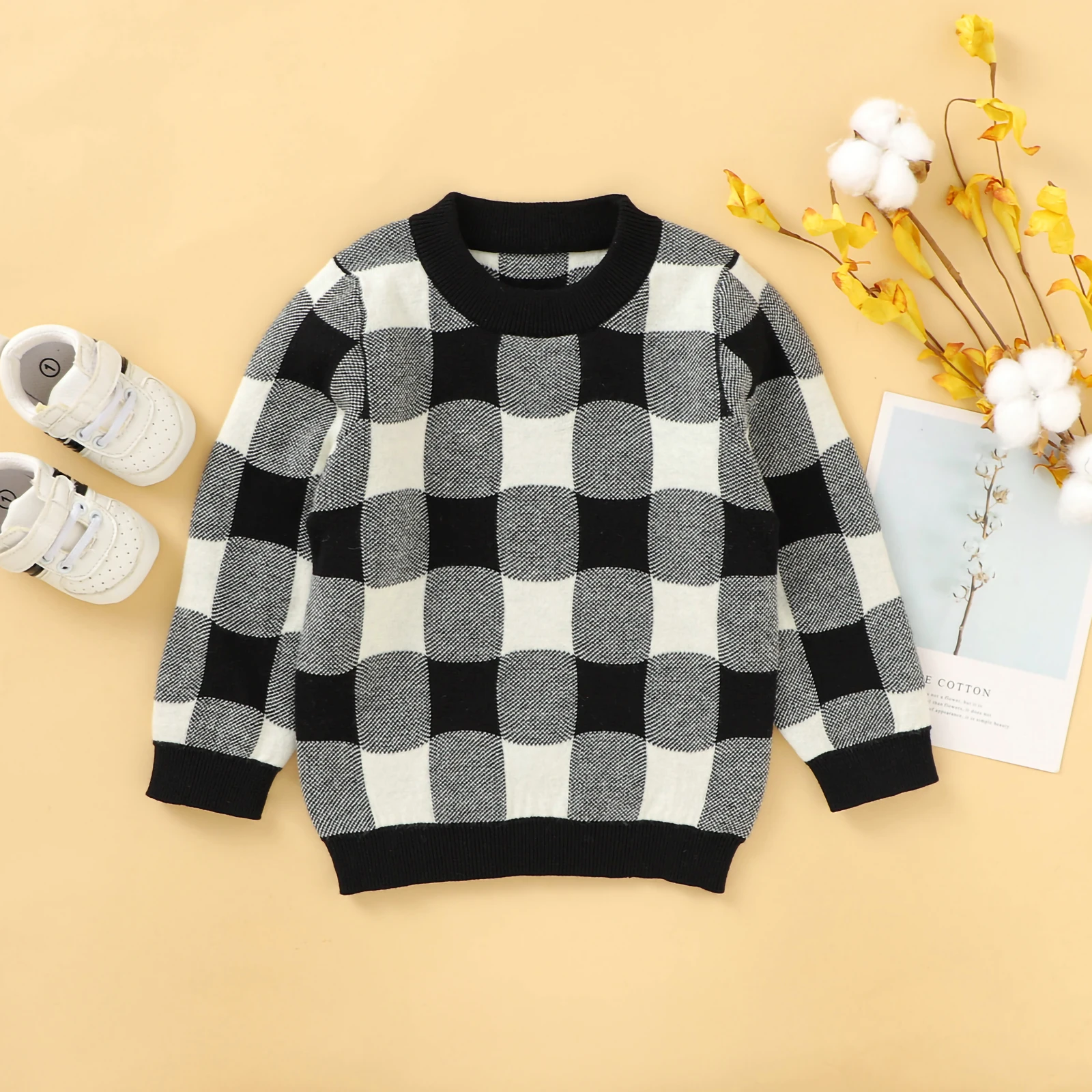 

0-24 Months Little Girls Casual Knitted Tops Toddlers Black White Plaid Long Sleeve O-collar Pullover Knitwear Children Clothes