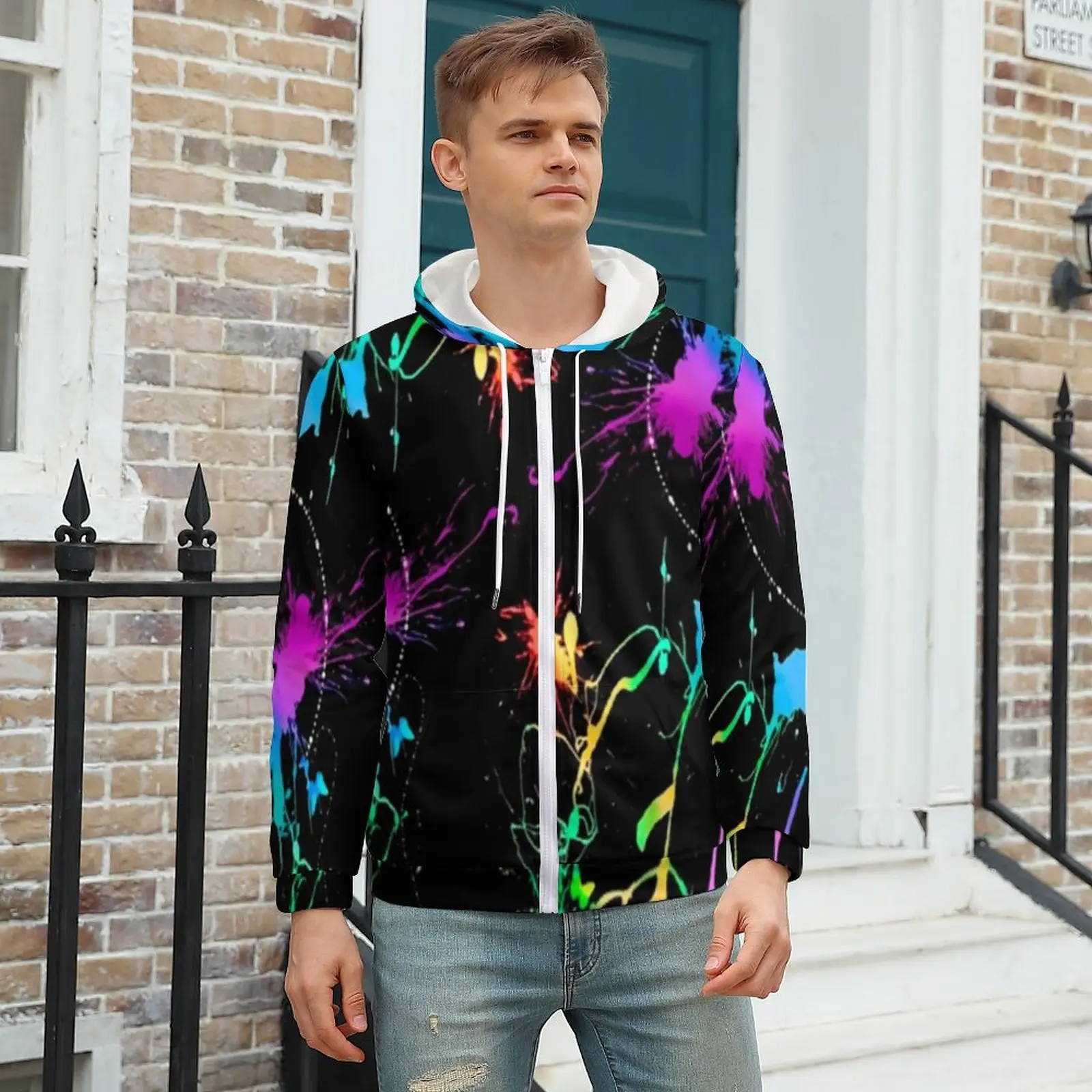 

Colorful Neon Pain Hoodie Splatter Pattern Outdoor For Men Hoodies For Men Winter Zip Up Hoodie Oversized