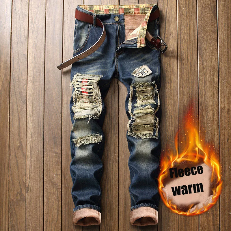 Men's Warm Fleece Jeans Winter Retro Fashion Thicken Trousers Autumn Ripped Straight Denim Pants Desgin Hip Hop Jeans Men
