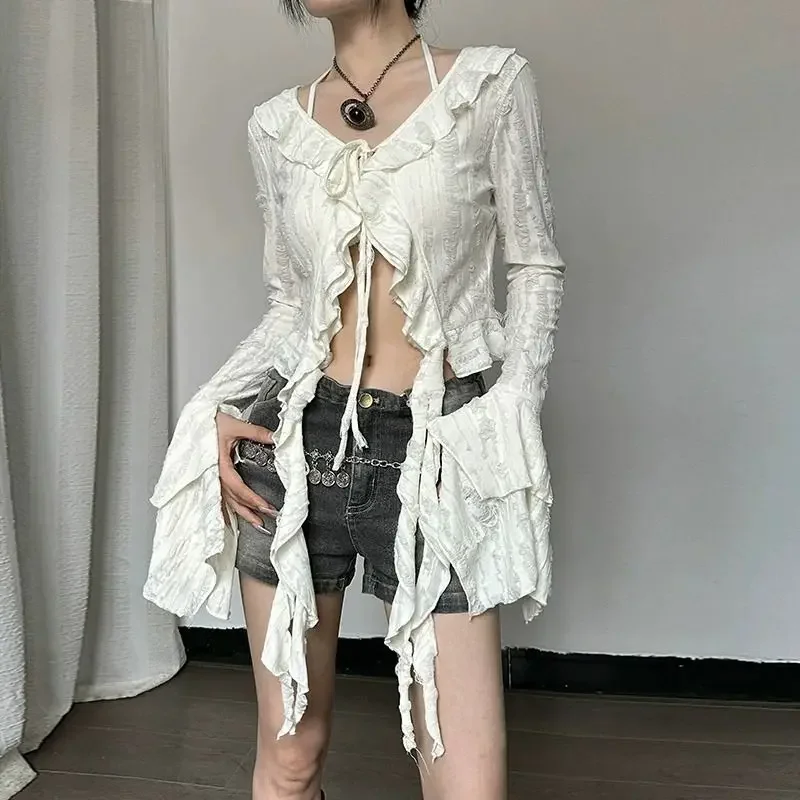 Y2K ажурные женские блузки корейские элегантные топы с расклешенными рукавами и