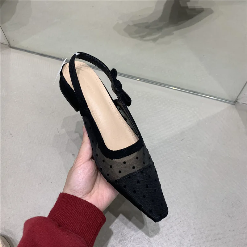 French Fairy Mesh Polka-dot Low-heeled Shoes 2022 Spring and Summer New Bow Sandals Women's Shoes Loafers Women Sandals