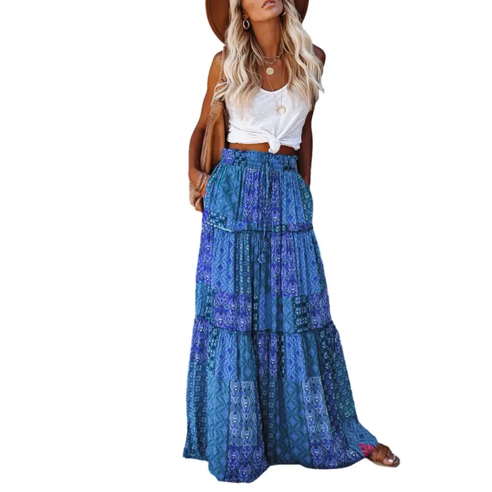 

Fashion Skirts Women 2023 Elastic Drawstring High Waist Loose Big Hem A-line Patchwork Pleated Vintage Boho Ethnic Print Skirt