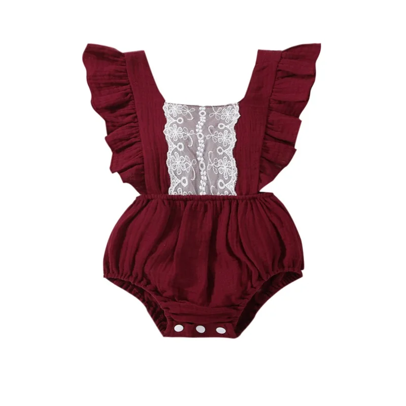

Baby Girl’s Ruffle Sleeveless Romper Fashion Contrast Color Lace Stitching Triangle Jumpsuits