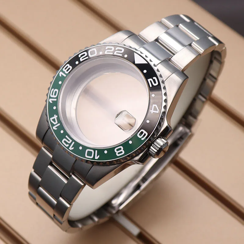40mm GMT Watch Case Strap Parts nh35 nh36 miyota 8215 eta 2824 Movement 28.5mm Dial Sapphire Glass Black+Green Ceramic Bezel enlarge