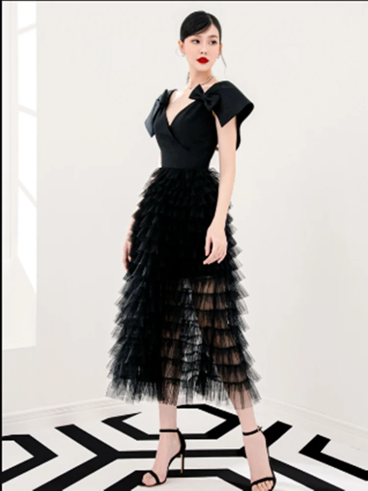 

DALMAZZO Brand Designer Summer Patchwork Mesh Slim Cake Long Dress Women V Neck Black Elegant Party Dresses Vestidos 2023 New