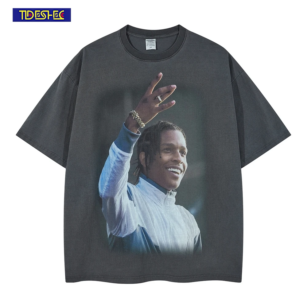 

TIDESHEC Mens T-shirt Vintage Washed Streetwear Hip Hop Portrait Graphic Print T-shirt Cotton HIP HOP 2022 Summer Oversized Tee