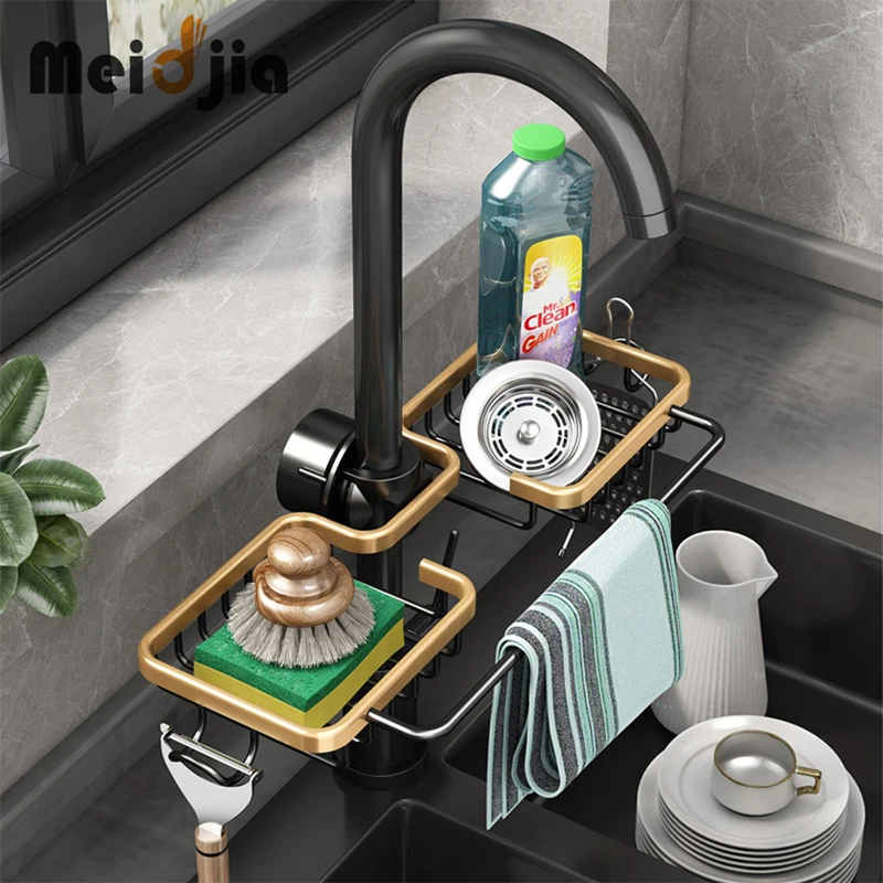 

MEIDJIA Kitchen Faucet Shelves Sink Drain Rack With Towel Rod Bathroom Storage Rack Kitchen Sponge Holder Kitchen Accessories