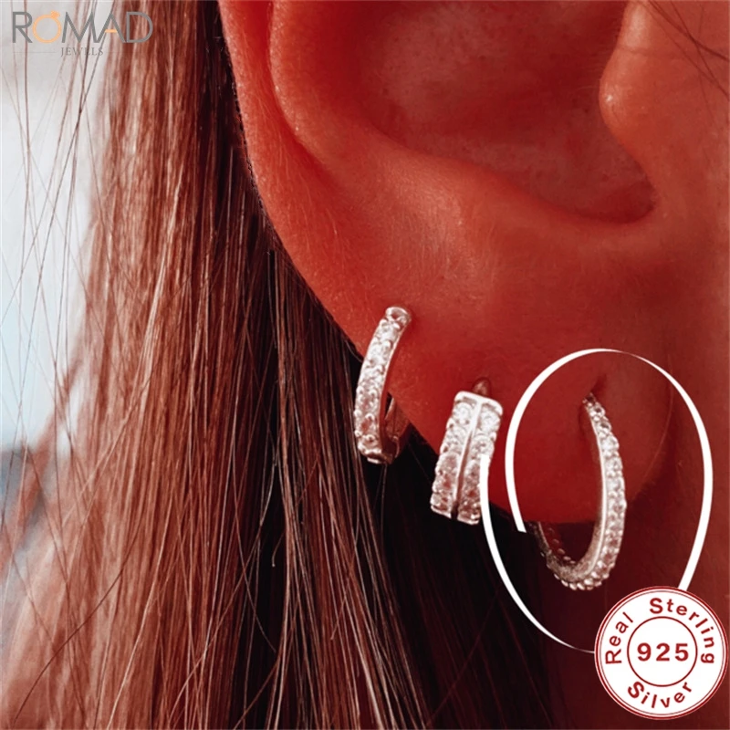 

ROMAD 8mm 10mm 925 Sterling Silver Small Hoop Earrings For Women Girls Wedding Gift Smooth Ear Bone Buckle Ear Studs Fine Jewery