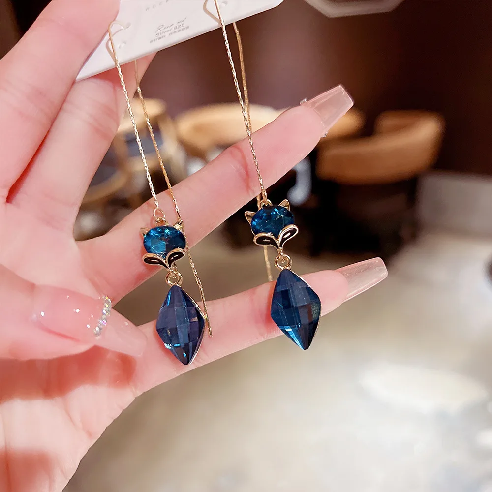 

New royal blue fox sweet long women's Earrings Fashion temperament light luxury high sense earline Pendant Jewelry Pendant