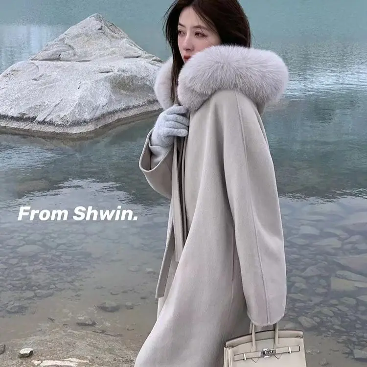 

Женское двухстороннее пальто с капюшоном, длинное пальто оверсайз из 2023-ной шерсти с капюшоном и отделкой натуральным лисьим мехом на осень...