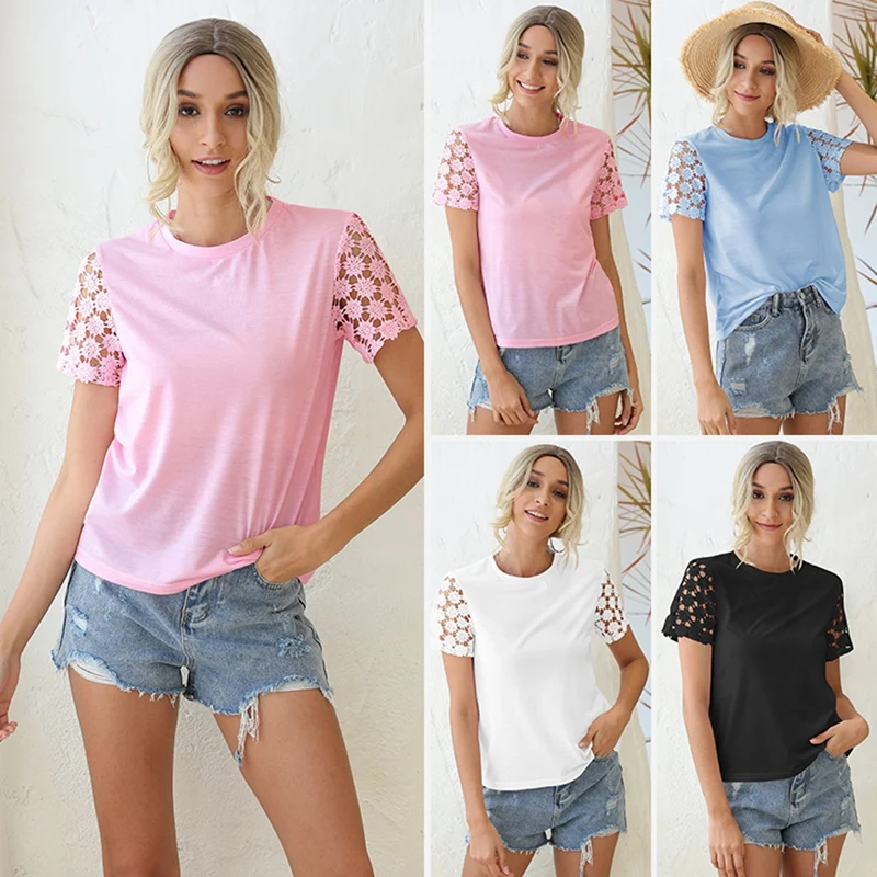 

Women's Casual Short Sleeve Lace T Shirts Slim Blouse Tops