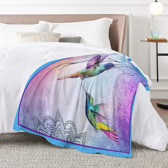 BlessLiving 3D Birds Mandala Flannel Throw Blanket Purple Background Colorful Animal Bohemia Blanket For Bedroom Sofa Bed Decor 4