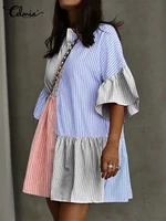 celmia stripe patchwork flare half sleeve mini dress 2022 summer elegant casual loose buttons short sundress women shirt dress