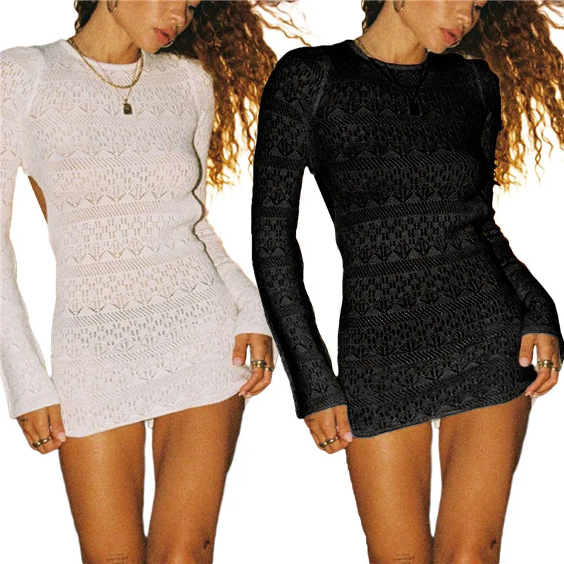 

Women's Sexy Bodycon Dress Summer 2022 Round Neck Long Sleeve Hollow Out Solid Color Skinny Mini Dresses Summer Clothing Club