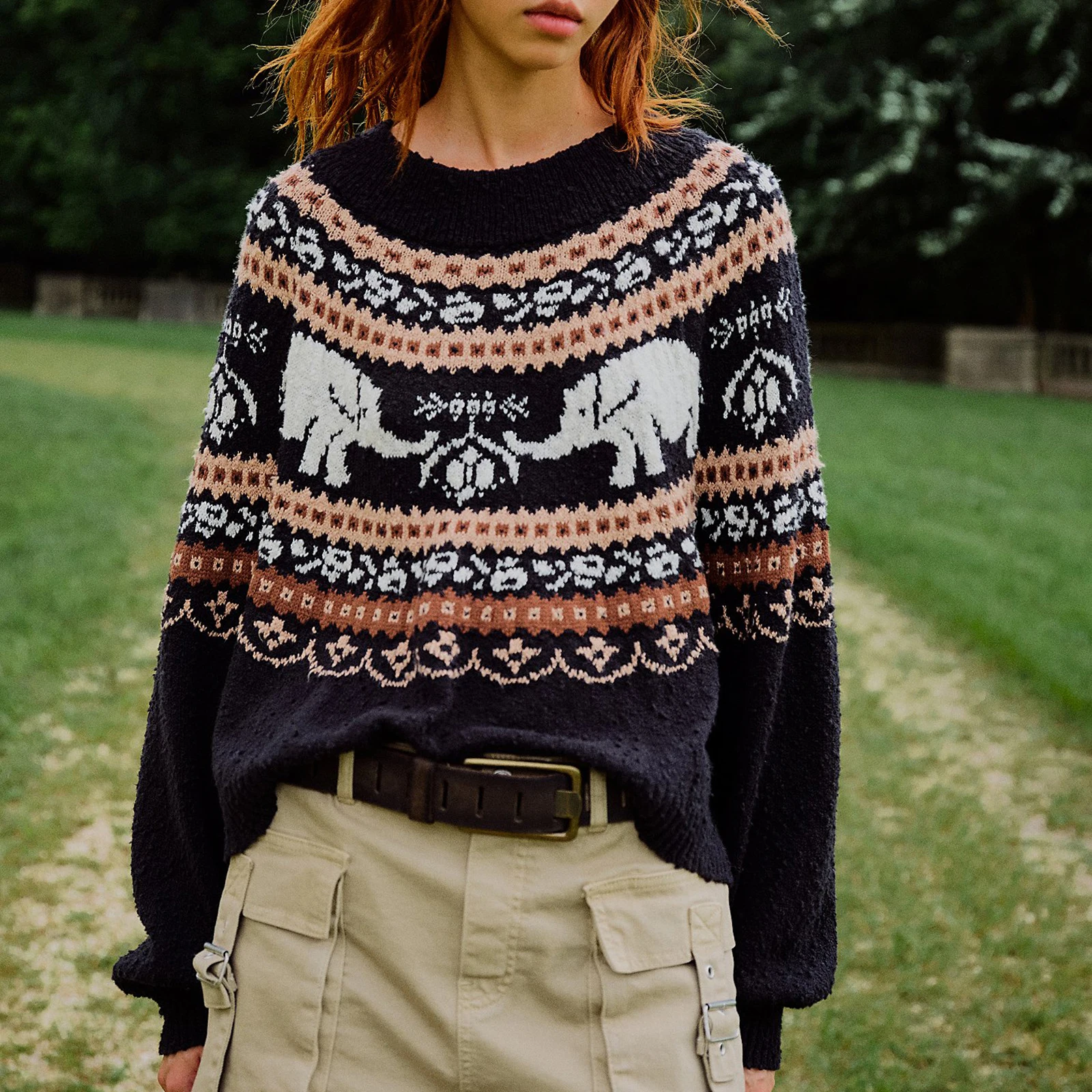 

Women Fashion Sweater Long Sleeve Crew Neck Elephant Print Knit Pullover Tops Fall Winter Warm Knitwear