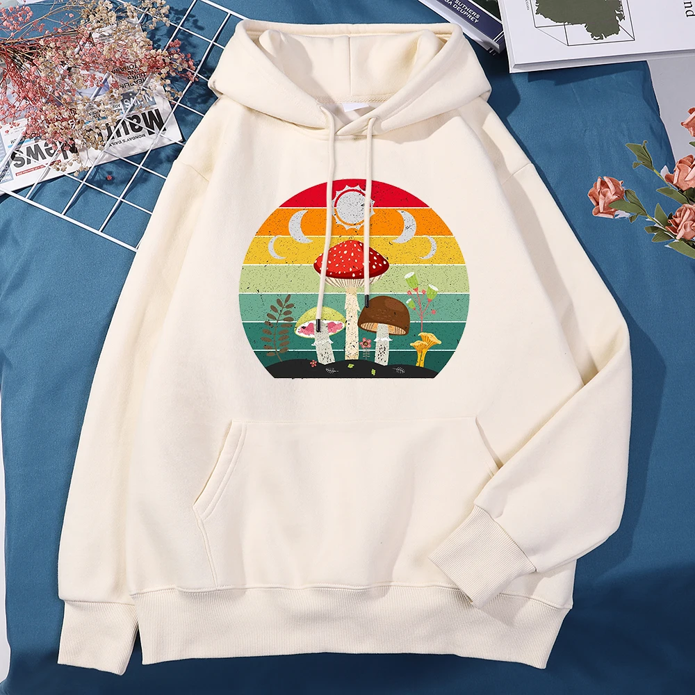 

Cottagecore Dark Academia Aesthetic Mushroom Moon Witchy Mens Hooded Casual Crewneck Hoodie Korean Loose Clothes Sports Mans Top