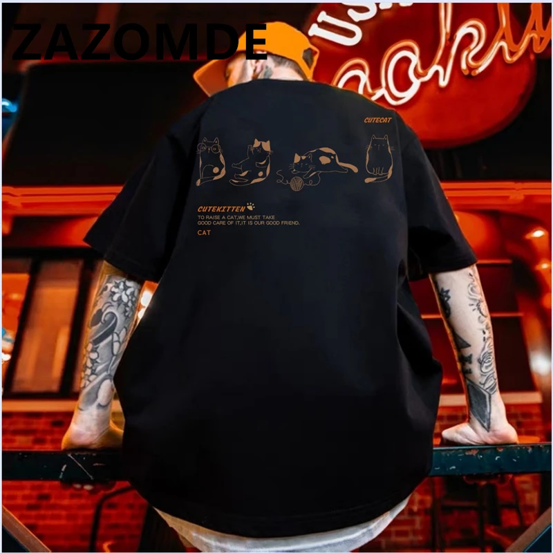 

ZAZOMDE New Couple T Shirt Cute Cat Print Vintage Funny Oversized T Shirt Clothes Casual Top Loose Harajuku Tee Streetwear Men