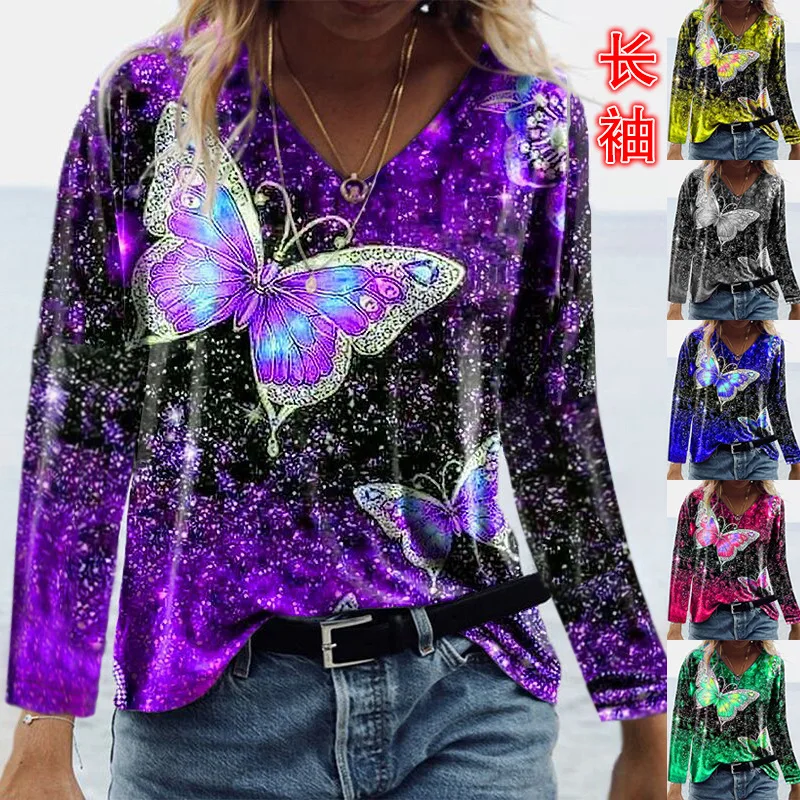

2022 Summer Women's New Printed T-Shirt Butterfly Printed Long Sleeve Ladies Pullover T-Shirt Tops for Women Full Sleeves
