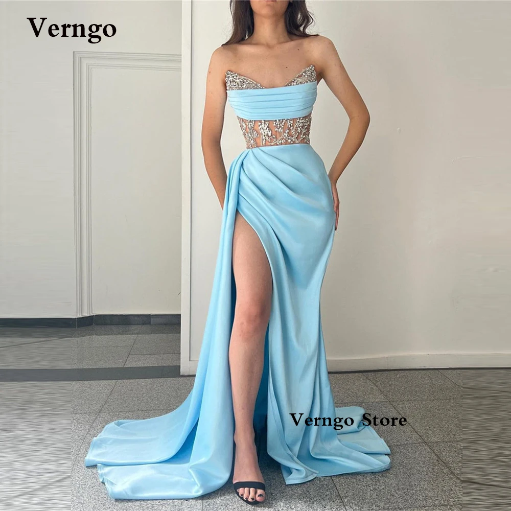 

Verngo Sexy Sweetheart Light Blue Mermaid Evening Dresses Shiny Crystal Pleats Satin Slit Long Prom Gowns Formal Party Dress