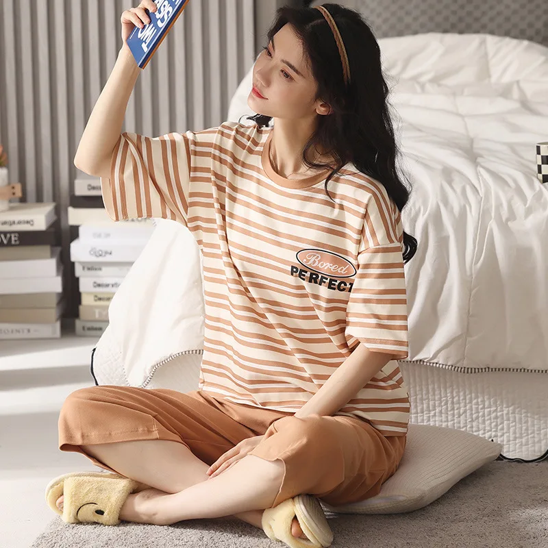 Short sleeved pajamas women's summer 2023 new capris home suit set made of pure cotton