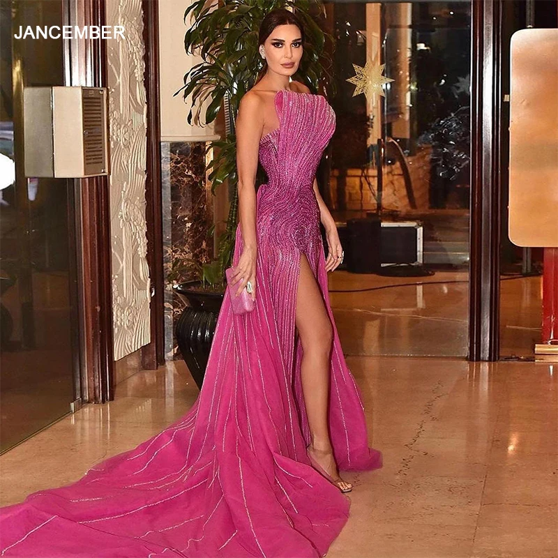 

SCZ004 2023 Luxury Dubai Fuchsia Evening Dress with Overskirt Scalloped High Slit Arabic Women Wedding Party Gowns فستان سهرة