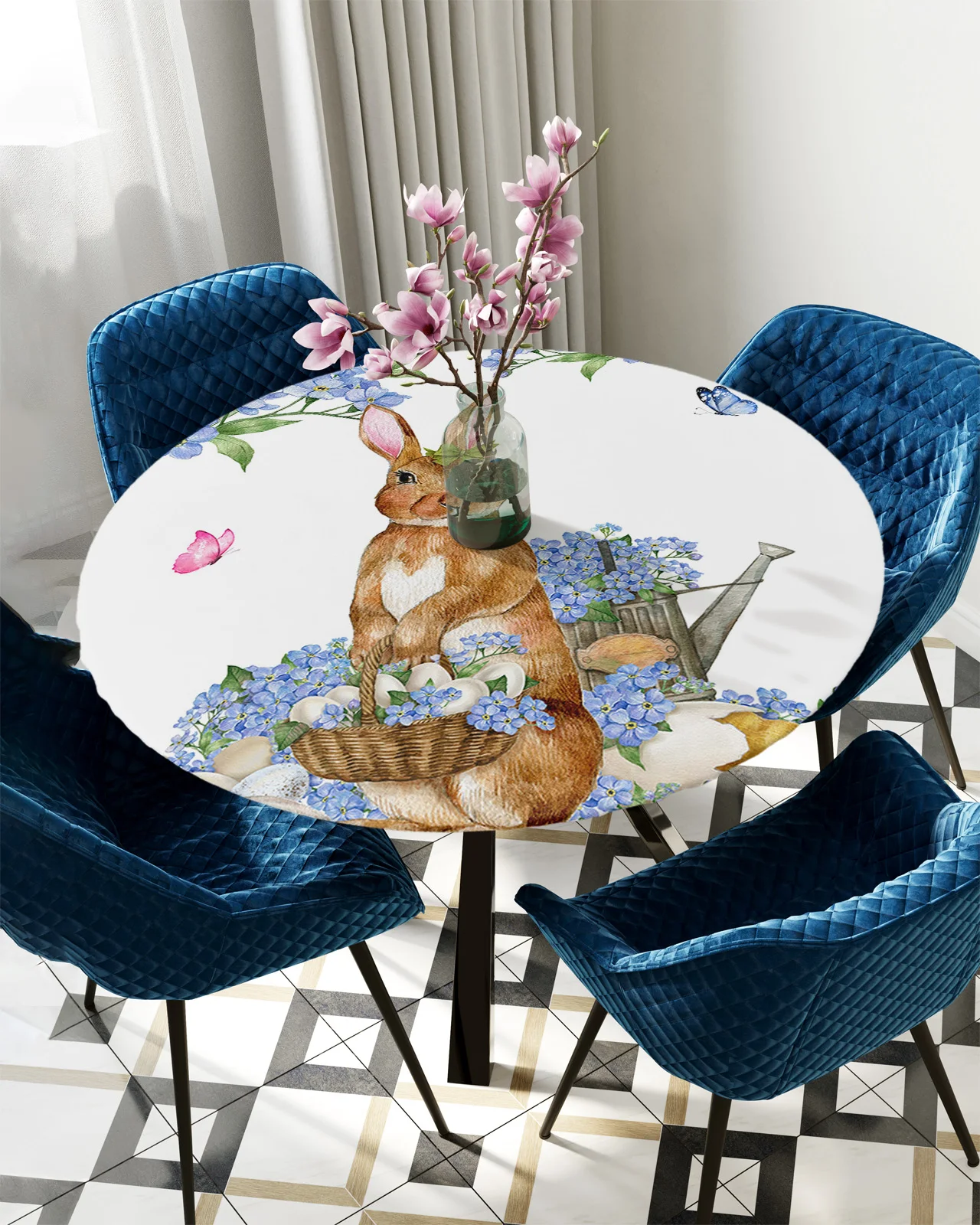 

Круглая скатерть с изображением Пасхальных Кроликов и куриц, водостойкая, эластичная