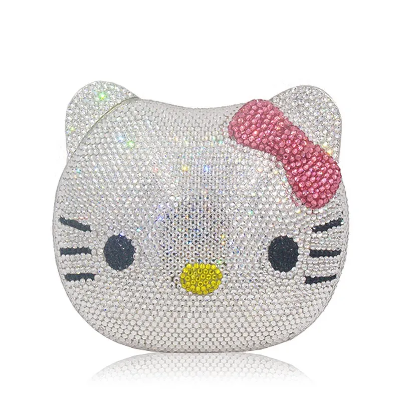 Lovely Cartoon Hellokitti Cats Cute Girl Handbags Party Evening Bag Small Wallet Diamond Hasp Silver Clutch Purse For Women