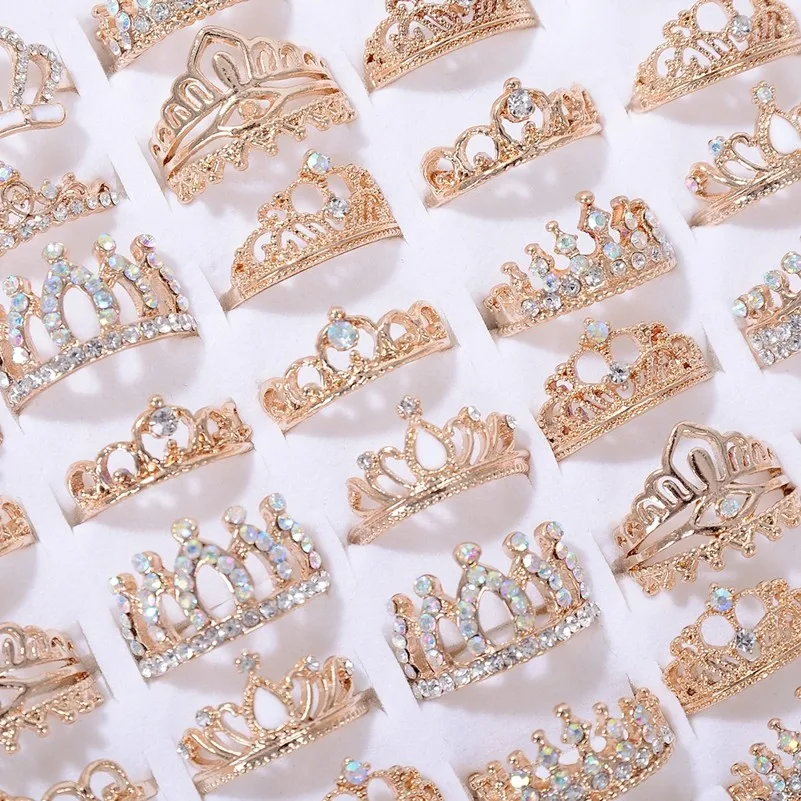 

30Pcs Mixed Rhinestone Crown Rings Trendy Crystal Finger Rings for Women and Girls Party Jewelry Accessories Wholesale Lots