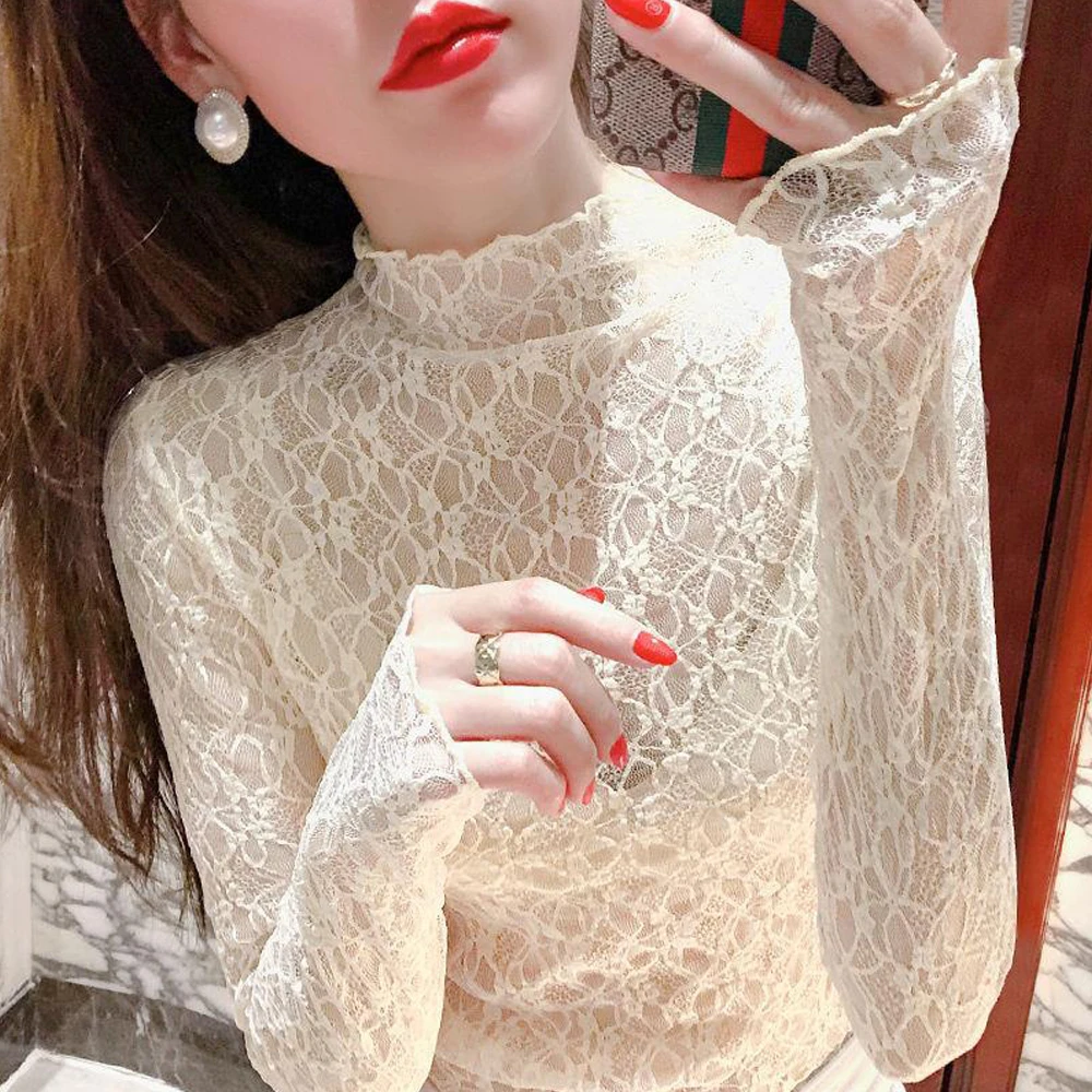 

New Transparent Women Lace Knitting Blouse O-Neck Female Bottoming Blouses S-XL Cheaper Tops Kawaii T Shirt Black White