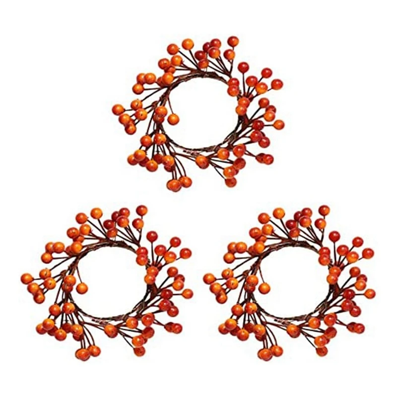 

3 Packs Fall Candle Rings Artificial Orange Berries Candle Holder Rings For Christmas Thanksgiving Party