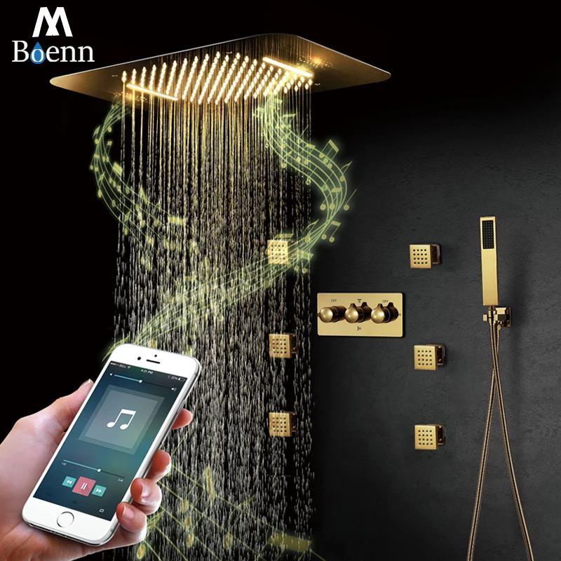 

M Boenn Rain Shower Systems Polished Gold Luxury Music Shower Set Bathroom Faucets LED ShowerHeads Hot and Cold Concealed Mixer