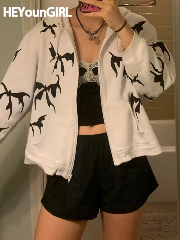 

HEYounGIRL Bows Print Zip Up White Coats Women Fashion Y2K Loose Hooded Sweatshirt Punk Casual Streetwear Winter Overcoats 2022