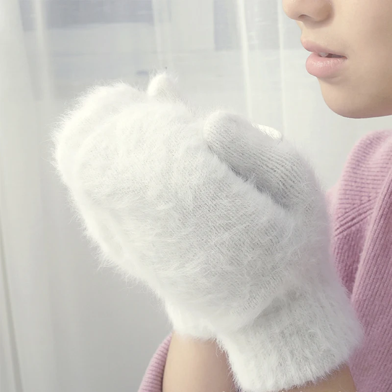 

Female Elastic Full Fingers Gloves Cute Rabbit Wool Gloves Women Winter Mittens Fashion Solid Color Mittens Thicken Warm Gloves