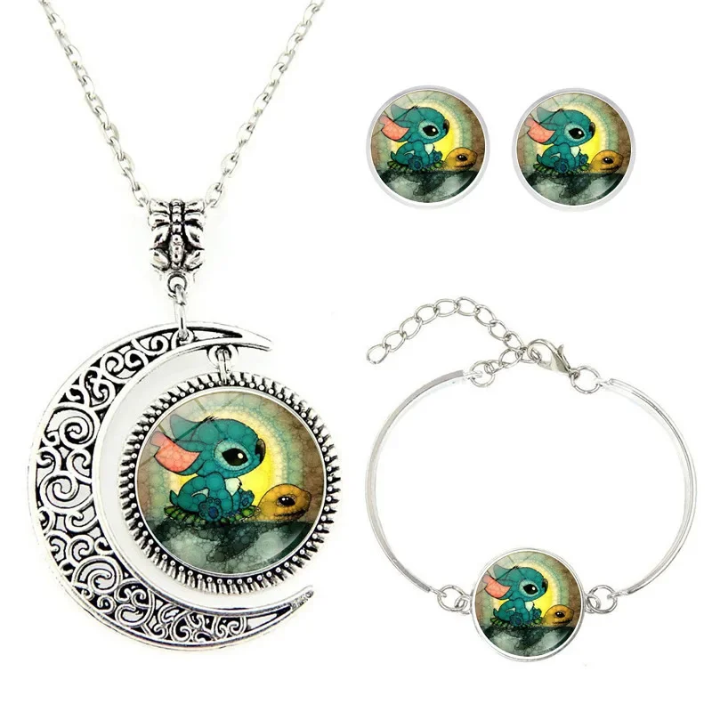 

Disney Lilo & Stitch Time Gem Half Moon Necklace Bracelet Stud Earrings Set Cute Stitch Accessories Ladies Jewelry Birthday Gift