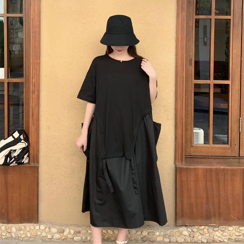 

Women's Summer Black Loose-Fit Midi Dress With Short Sleeves And Side Baggy Pockets Patchwork Design Dresses Vacation Style 2023