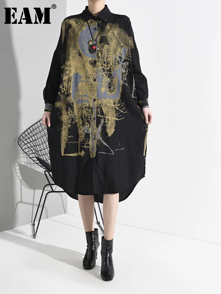 

[EAM] Women Black Patter Print Split Big Size Shirt Dress New Lapel Long Sleeve Loose Fit Fashion Spring Autumn 2020 1M92501