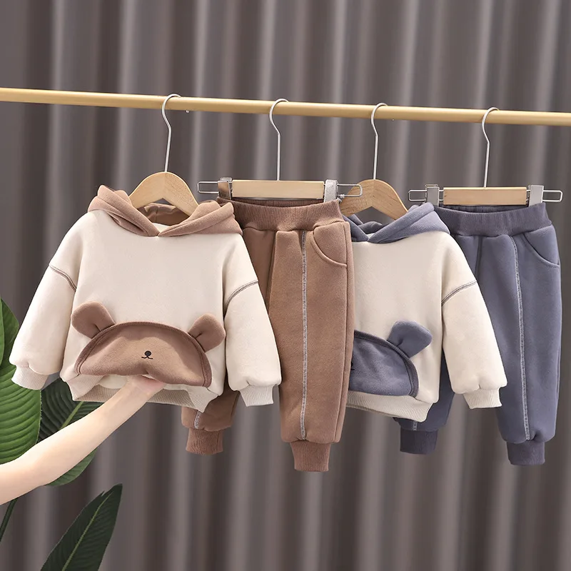 

Autumn Winter Boys Girls Hooded Sets Cute Cartoon Patchwork Warm Children Sportsuit Fashion Plush Thick Kids Two Piece Set