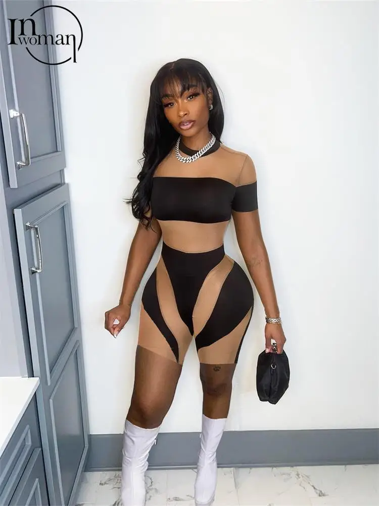 

Inwoman Summer Sexy Mesh Patchwork Bodycon Romper Club Outfit For Women 2023 Short Sleeve O Neck Party Sheer One Pieces Playsuit