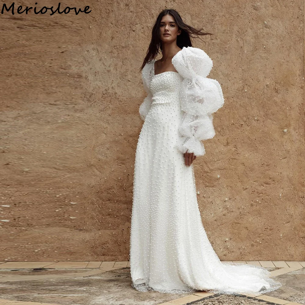 

Merioslove Boho Long Sleeves Mermaid Wedding Dresses Pearls Beadings Bride Dress Beach Tulle Wedding Gowns 2024