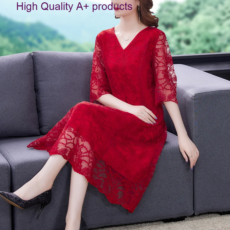 

Женское шелковое Сетчатое платье с вышивкой, красное цветочное свободное повседневное элегантное платье выше колена большого размера 5XL, лето 2023