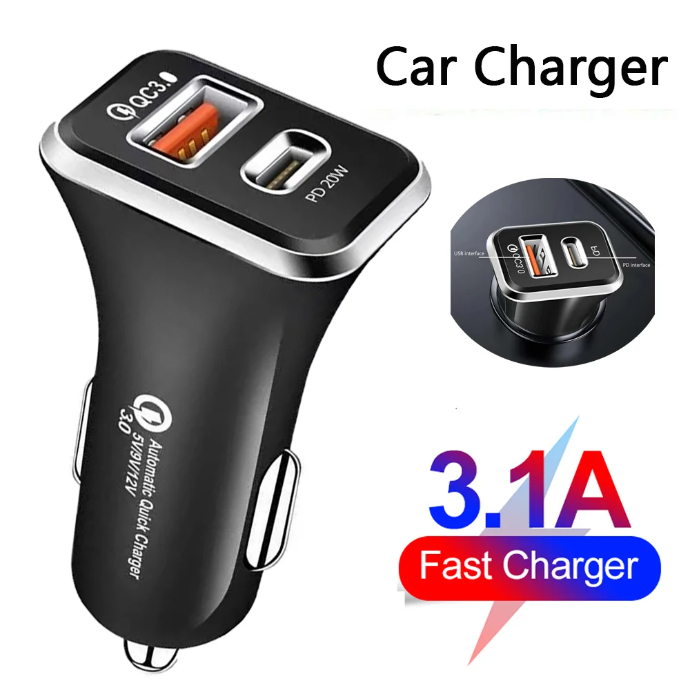 

3.1A PD Car Charger USB Type C Fast Charging Car Phone Adapter for iPhone 13 12 Xiaomi Huawei Samsung S21 S22 Quick Charge 3.0