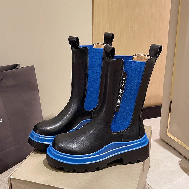 Ladies Chelsea Boots 2022 New Chunky Heel Round Toe Shoes Women Short Boots Platform High Heels Square Heel Zapatilla De Muje