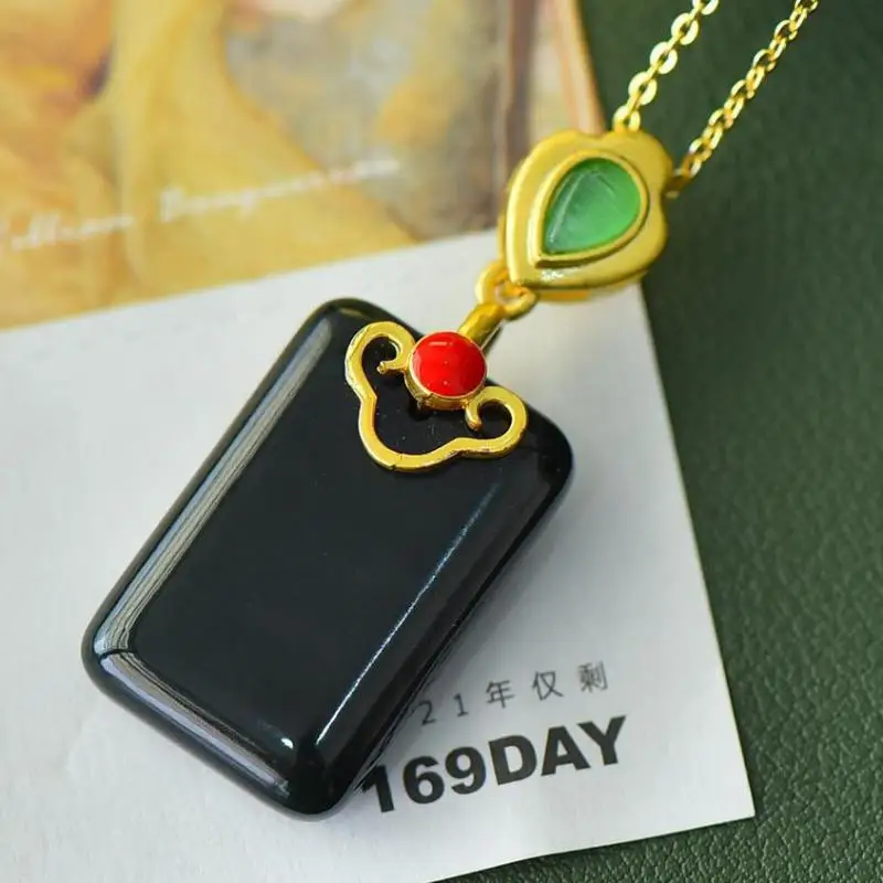 

Natural Black Jade Rectangle Pendant With Green Emerald Ruby Copper Necklace Women Fine Jewelry Hetian Jades Nephrite Necklaces