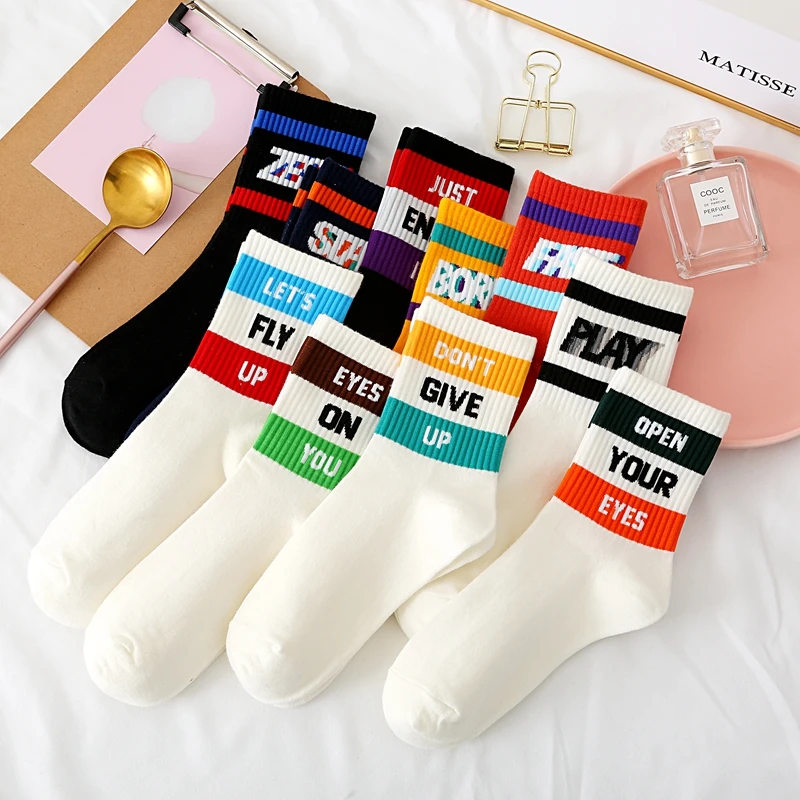 

New Letters Stripes Socks Women Summer Thin Cute Harajuku Cotton Korea Sports Preppy Student Crew Socks White Long Socks Kawaii