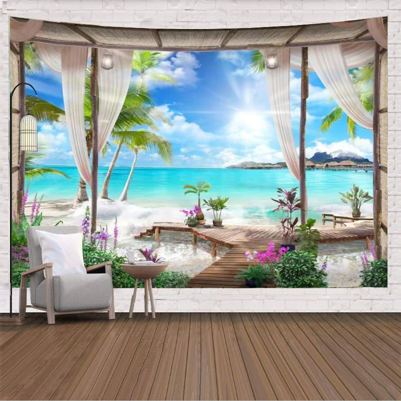 

Garden Scener Beach Outside The Window Printed Tapestry Cheap Hippie Wall Hanging Bohemian Wall Tapestries Mandala Wall Art Deco