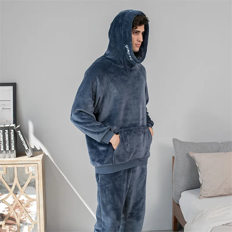 

Plus Thick Sleepwear Piece Casual Velvet Two Man Clothes Homewear Loose Winter For Suit Flannel Hooded Pajamas Home Men Men's