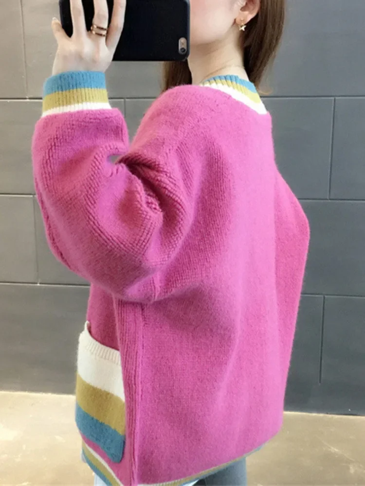 Вязаный кардиган контрастного цвета женская осенне-зимняя одежда повседневный