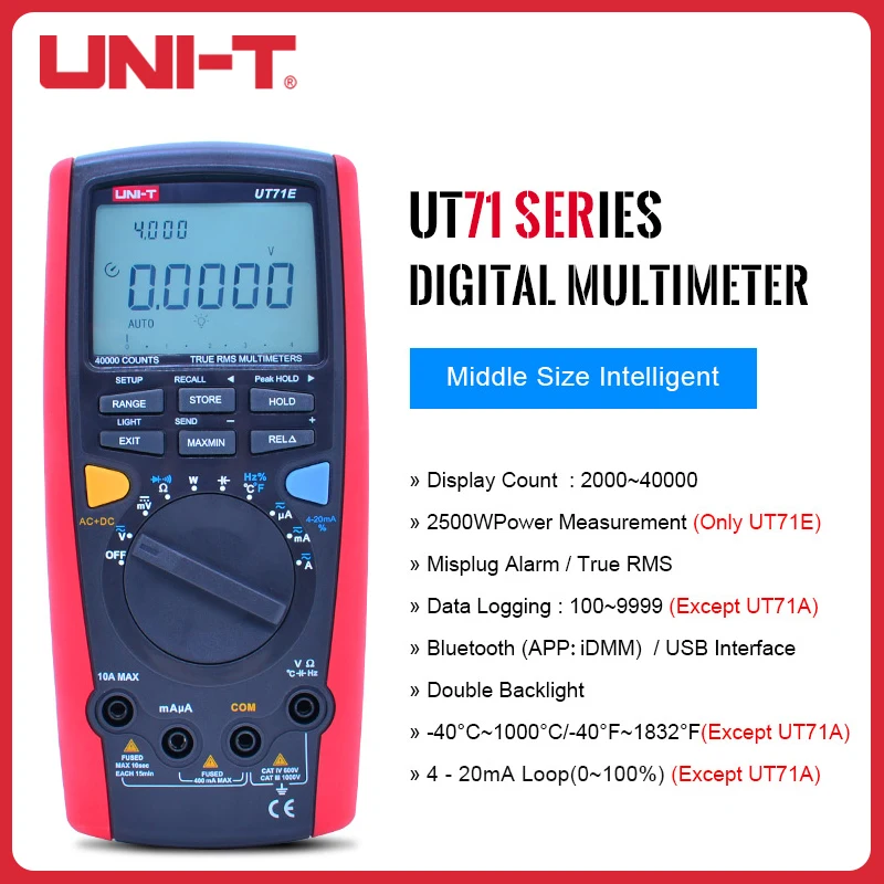 

UNI-T Intelligent Digital Multimeters Ture Rms Auto range 39999 AC/DC Voltage Multimeter UT71A/UT71B/UT71C/UT71D/UT71E