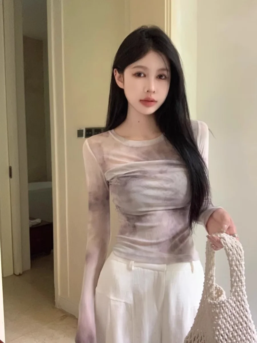 Микро-перспективная летняя Цветущая сетка с круглым вырезом облегающая футболка