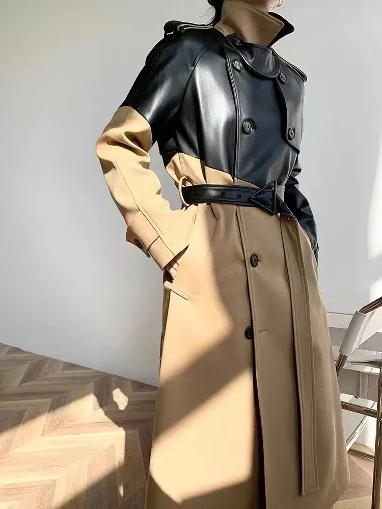 COZOK Winter Black Khaki Splice Windbreaker Coat Women 2022 New Style Fashion Leather Coat Women Y2K Retro Coat Women